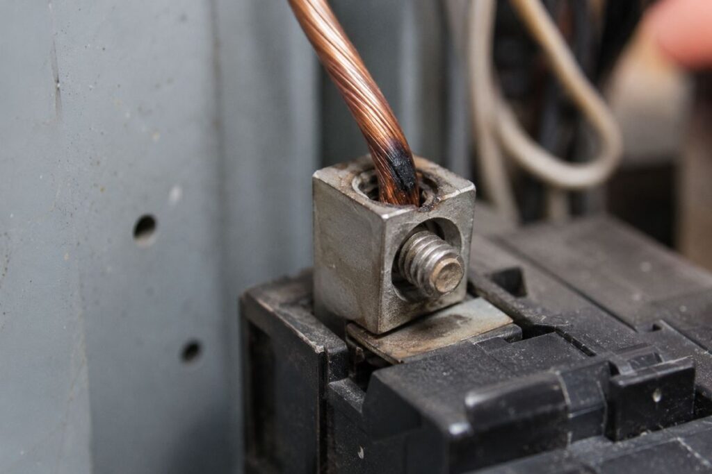 Close-up of a loose breaker lug connection with dark scorching, the type of fault that causes panel buzzing and arcing.