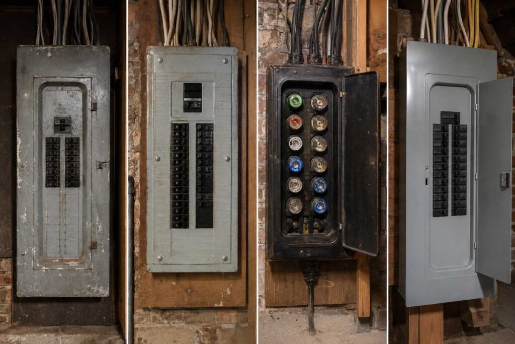 Side-by-side comparison of older breaker panels and a fuse box against a modern panel to help identify outdated equipment.