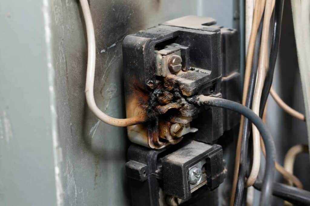 Electrical panel connection with brown and black scorch marks and melted plastic, direct evidence of arcing damage