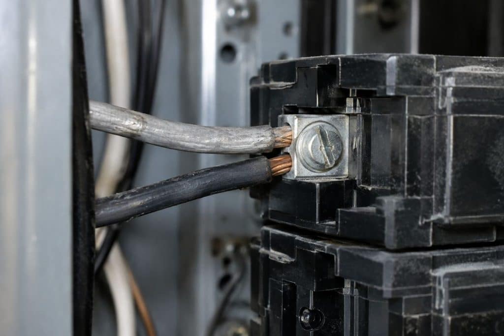 Close-up of two conductors under one breaker lug beside an aluminum branch wire inside a panel
