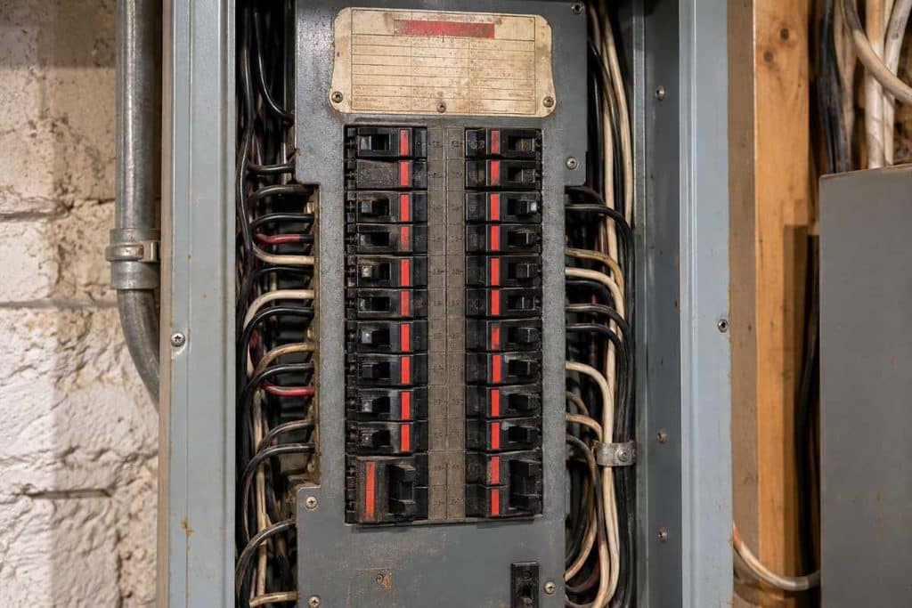 Federal Pacific Stab-Lok panel with thin red-striped breaker handles used to identify the brand