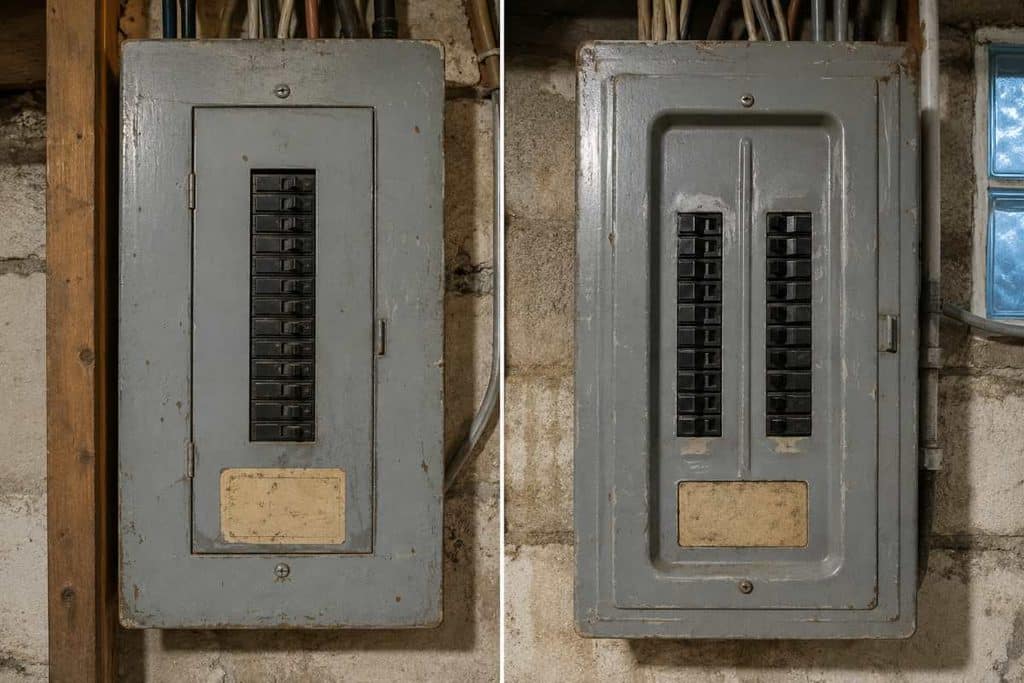 Two older residential panel faces side by side, one Federal Pacific Stab-Lok style and one Zinsco style, covers closed.
