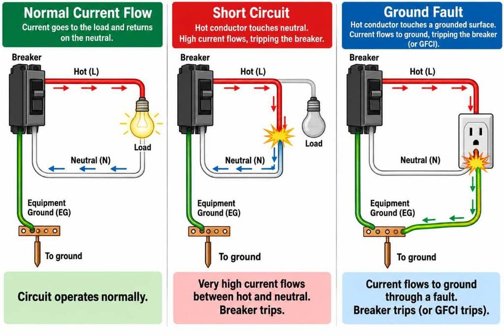 Circuit diagram showing current paths for normal load, hot-to-neutral short, and ground fault