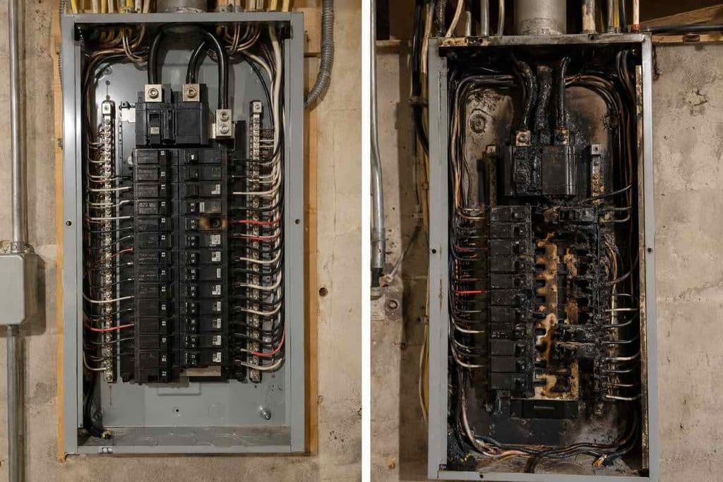 Two panels compared, one sound with an isolated fault, one with a burned bus stab needing replacement