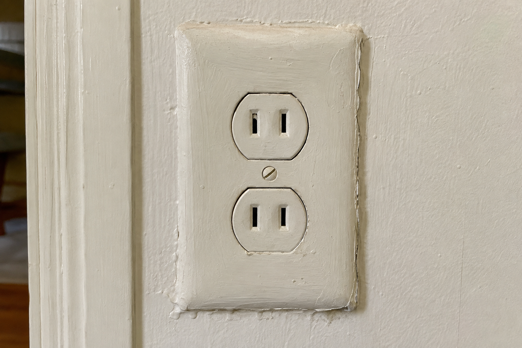 Two-slot ungrounded outlet with no ground opening on an aged painted wall, a common sign of legacy wiring.